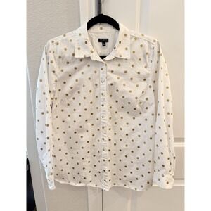 Talbots Blouse Womens LP White Gold Polka Dot Long Sleeve Button Up Cotton Shirt